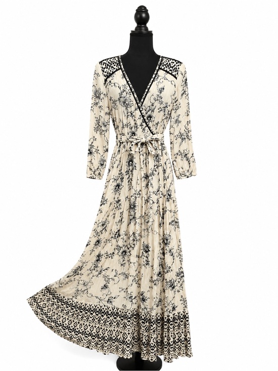 Knox Rose Dresses & Skirts - Knox Rose Maxi Dress Medium Ivory Black Floral Faux Wrap Boho Prairie Rayon